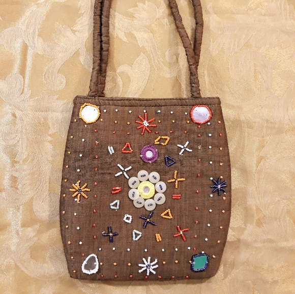 Artsy Boho Floral Beaded Brown Fabric Handbag - Picture 2 of 8